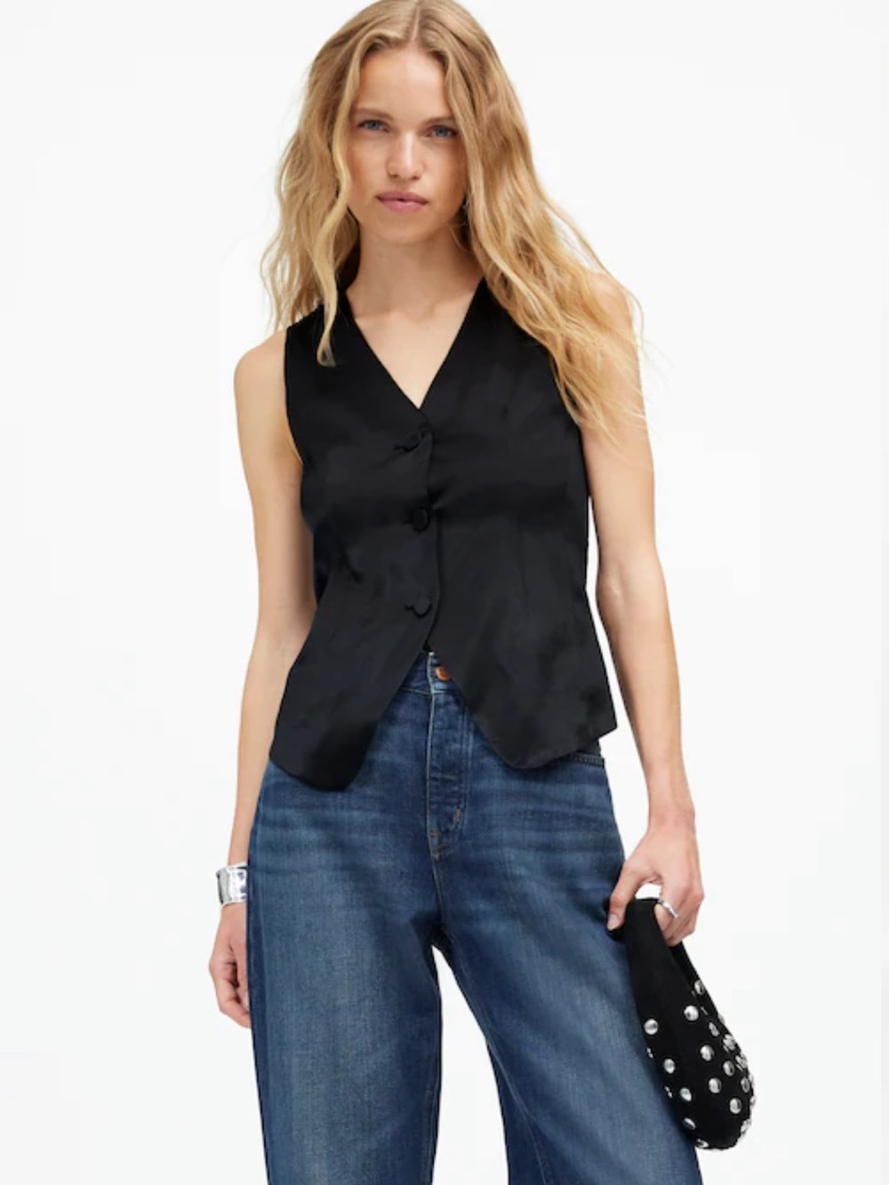 Madewell Button Front Satin Vest Top Size 8 In True Black